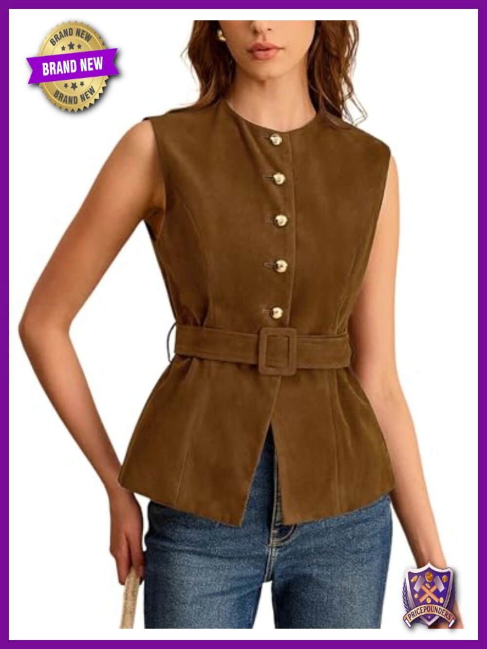 Womens Suede Vest Crew Neck Sleeveless Button Down Dressy Suit with Belt